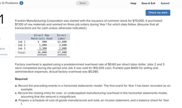  12 Problems Saved Help Save & Exit Submit 1 Check my