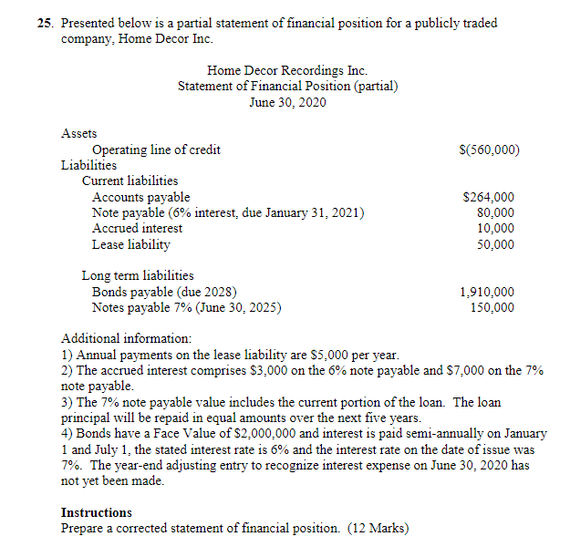 25. Presented below is a partial statement of financial position for