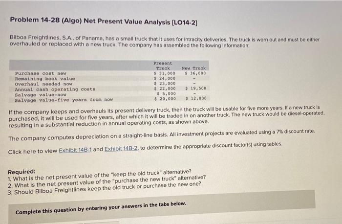  Problem 14-28 (Algo) Net Present Value Analysis (L014-2] Bilboa Freightlines, S.A.