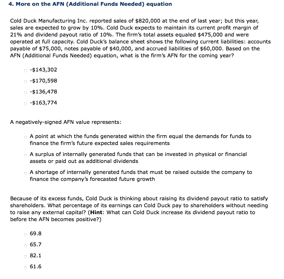  4. More on the AFN (Additional Funds Needed) equation Cold Duck