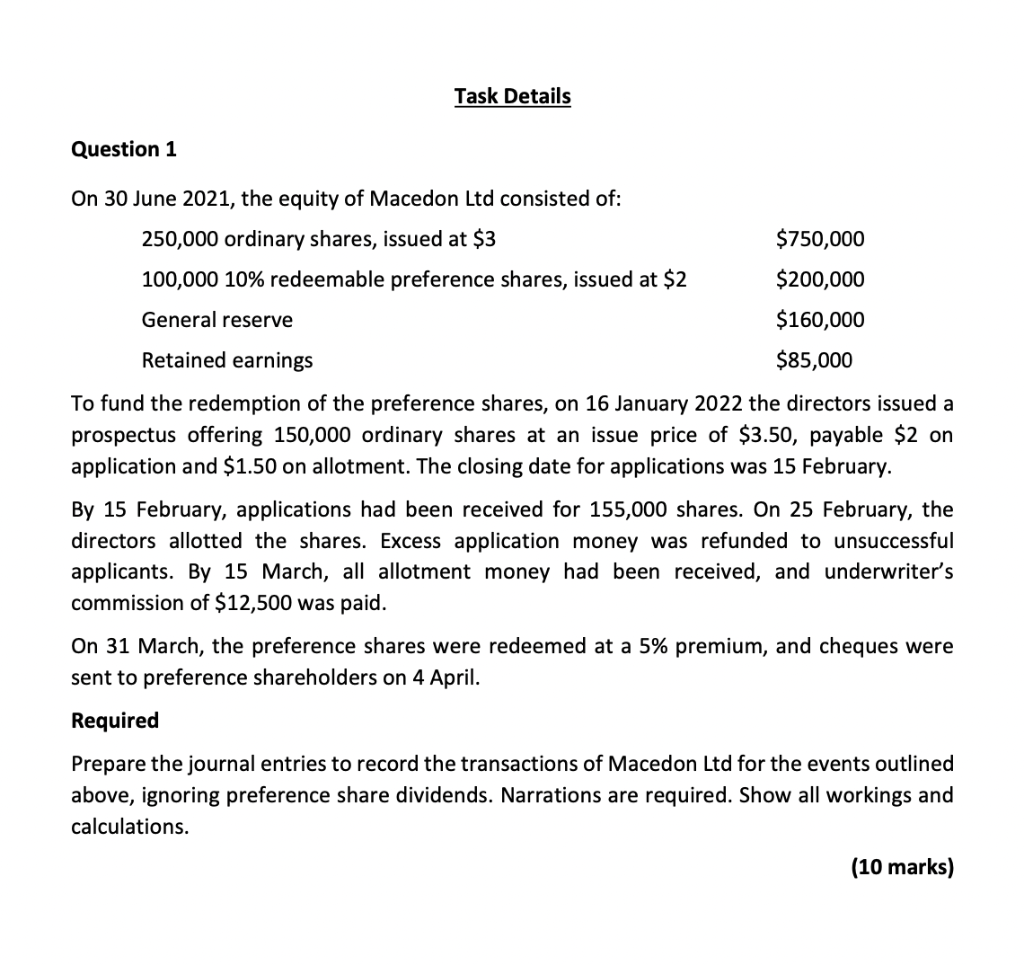 Task Details Question 1 On 30 June 2021, the equity of
