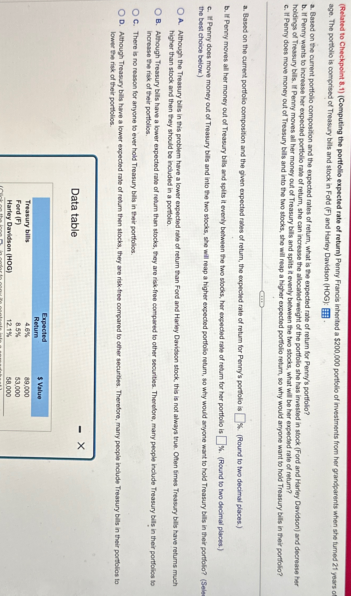 (Related to Checkpoint 8.1)(Computing the portfolio expected rate of return) Penny