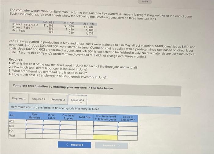 total costs accumulated on three furniture jobs Job 602 Job 603 Job