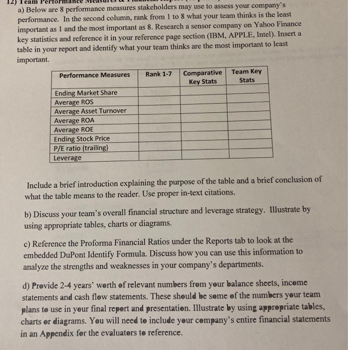  a) Below are 8 performance measures stakeholders may use to assess