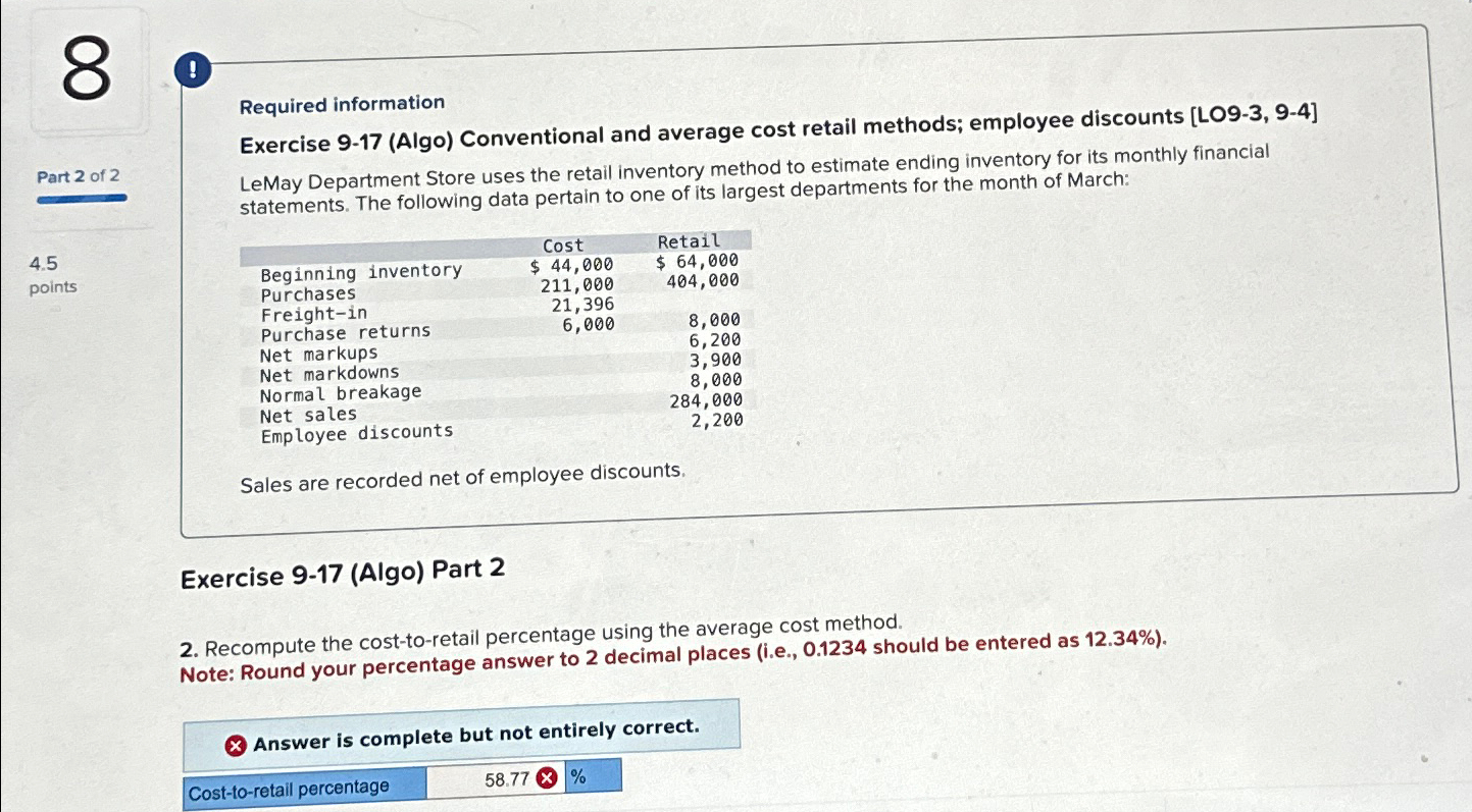  ! Required information Exercise 9-17(Algo) Conventional and average cost retail methods;
