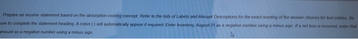  Prepare an income statement based on the absorption cong concept Refer