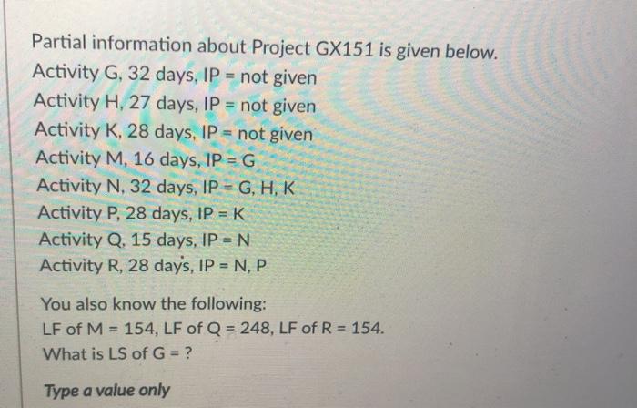  Partial information about Project GX151 is given below. Activity G, 32