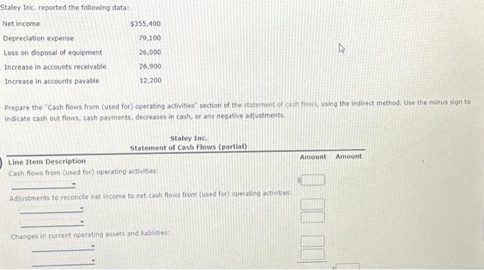 Staley Inc. reported the following data: Prepare the "Cash flows from