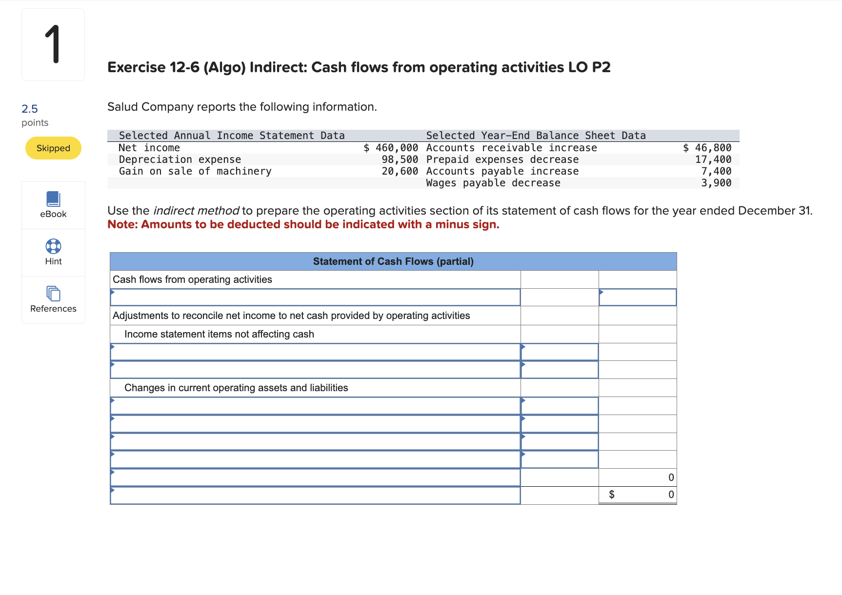  1 Exercise 12-6(Algo) Indirect: Cash flows from operating activities LO P2