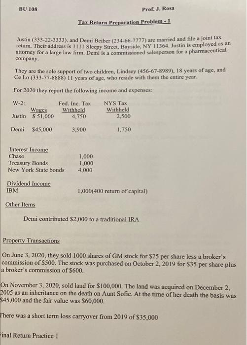  BU 108 Prof. J. Rosa Tax Return Preparation Problem - 1