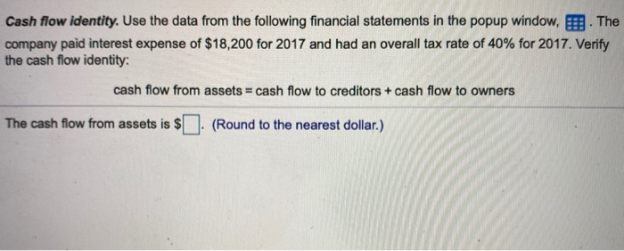  pop up window Cash flow identity. Use the data from the