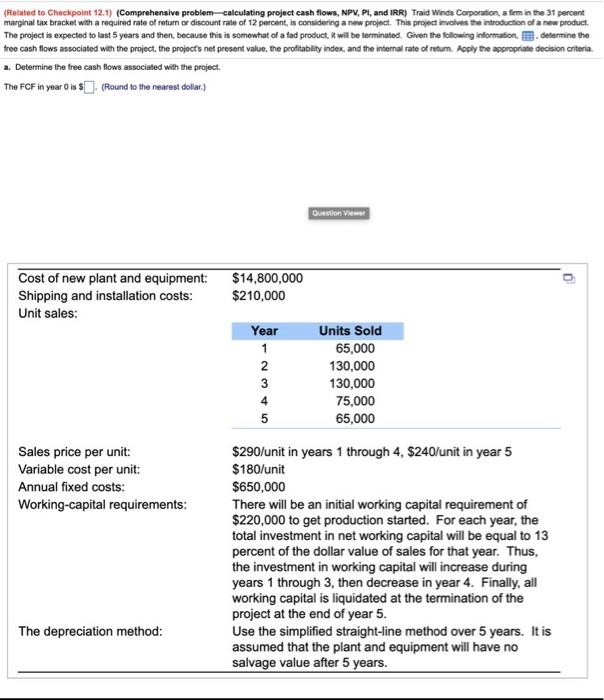  (Related to Checkpoint 12.1) (Comprehensive problem calculating project cash flows, NPV,