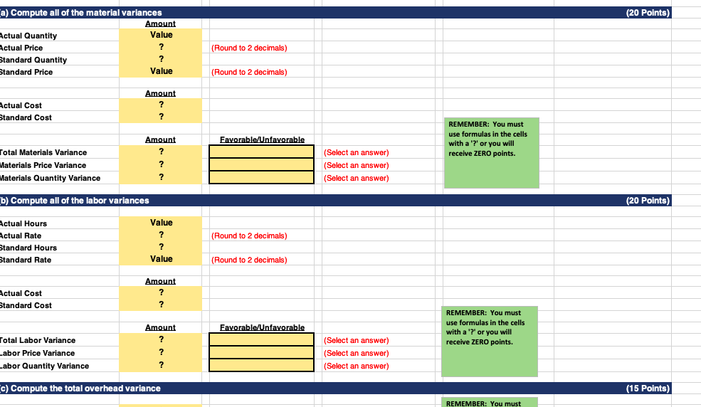 the problem Project #8: Standard Costs (60 Points) product is shown below: