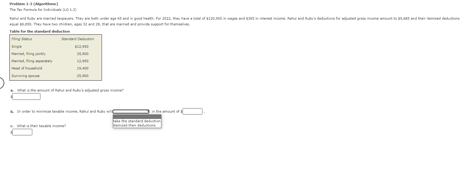  Problem 1-3(Algorithmic) The Tax Formula for Individuals (LO 1.3) equal $8,850.