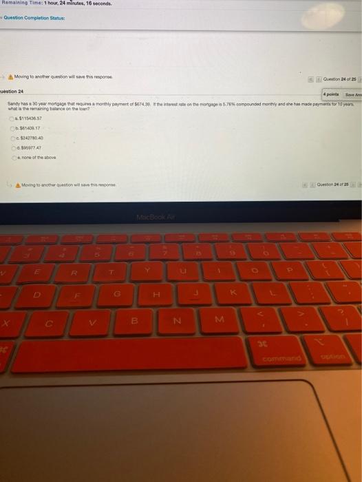  Remaining Time: 1 hour, 24 minutes, 16 seconds. Question Completion Status