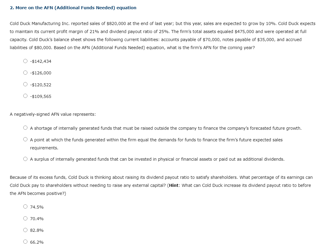 2. More on the AFN (Additional Funds Needed) equation Cold Duck