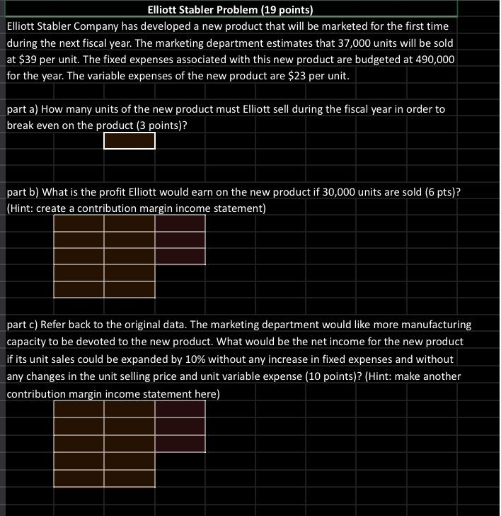  Elliott Stabler Problem (19 points) Elliott Stabler Company has developed a