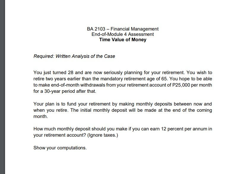 BA 2103 - Financial Management End-of-Module 4 Assessment Time Value of