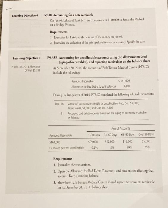  Learning Objective 4 a $9-10 Accounting for a note receivable On