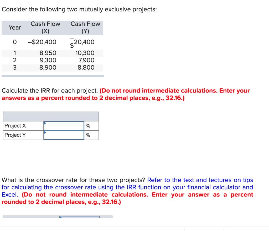 Consider the following two mutually exclusive projects: Year Cash Flow (X)