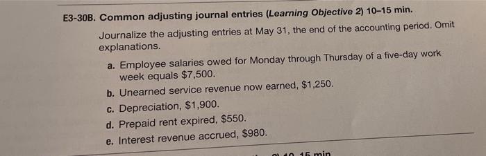  E3-30B. Common adjusting journal entries (Learning Objective 2) 10-15 min. Journalize