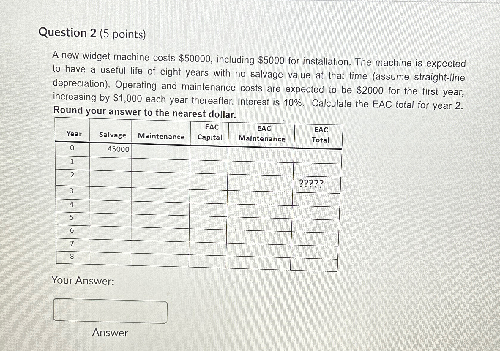  Question 2(5 points) A new widget machine costs $50000, including $5000