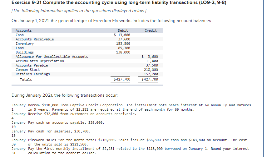  Exercise 9-21 Complete the accounting cycle using long-term liability transactions (LO9-2,