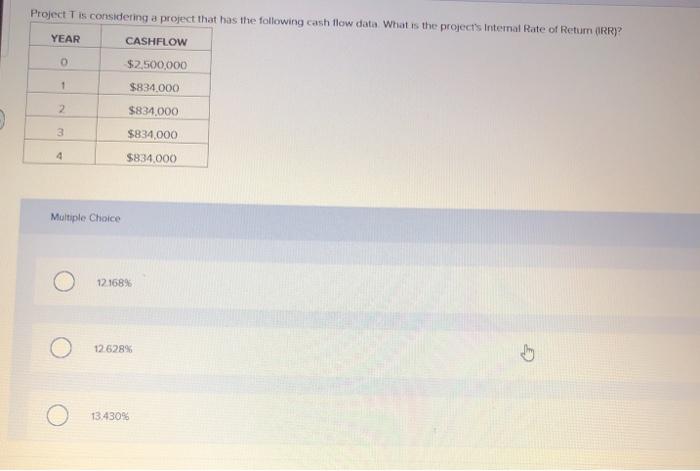  Project T is considering a project that has the following cash