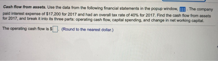  pop up window Cash flow from assets. Use the data from