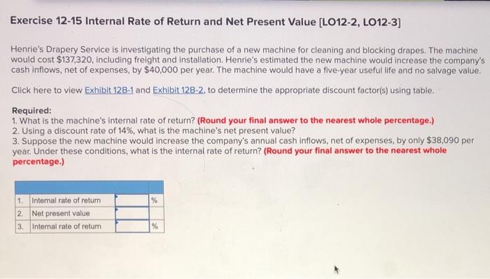  Exercise 12-15 Internal Rate of Return and Net Present Value (LO12-2,