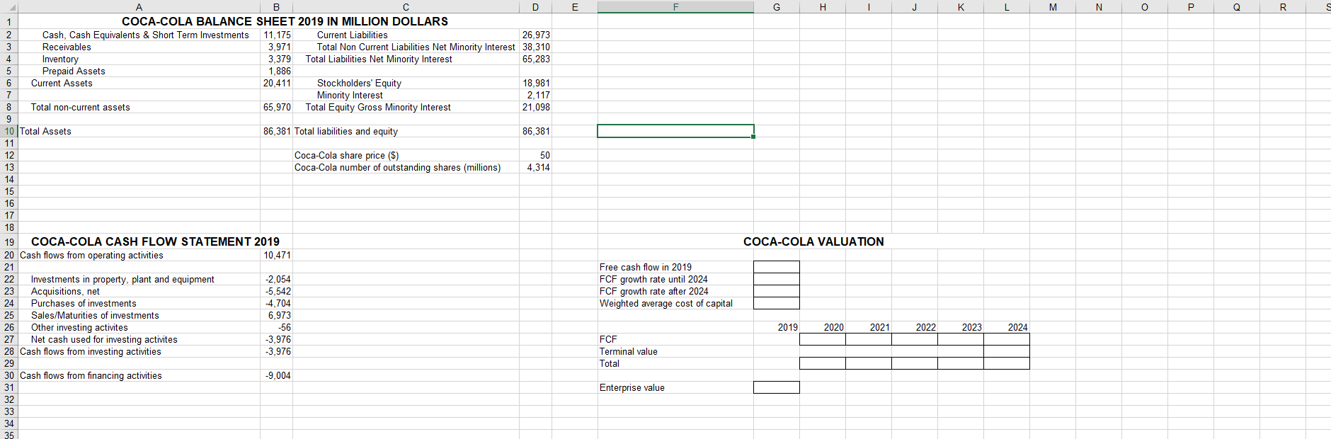 Compute the Coca-Cola's enterprise value in 2019 using the discounted cash flow