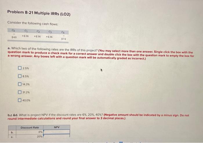 Problem 8-21 Multiple IRRS (LO2) Consider the following cash flows: CO