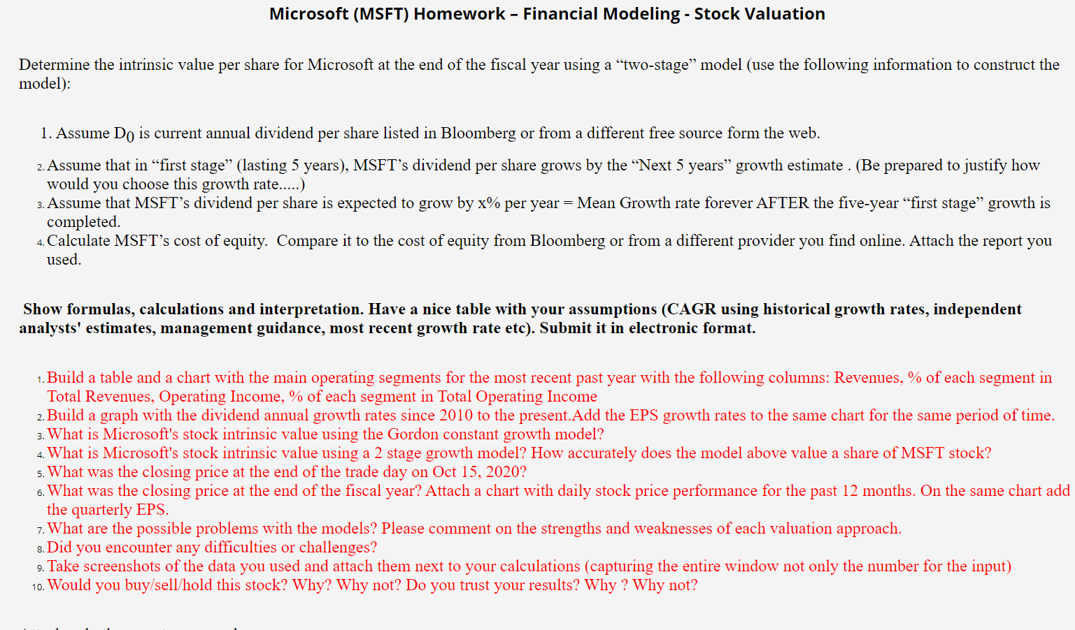  Microsoft (MSFT) Homework - Financial Modeling - Stock Valuation Determine the