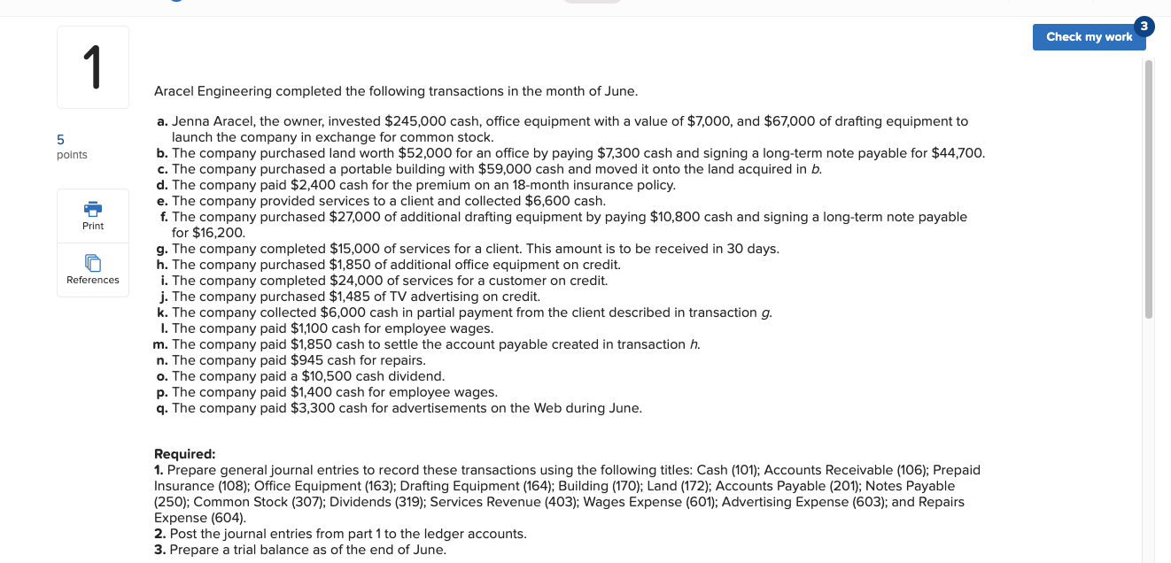  Check my work 1 5 points Print Aracel Engineering completed the