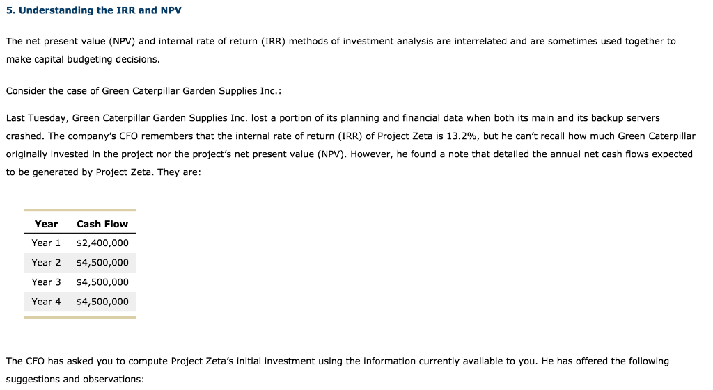  5. Understanding the IRR and NPV The net present value (NPV)
