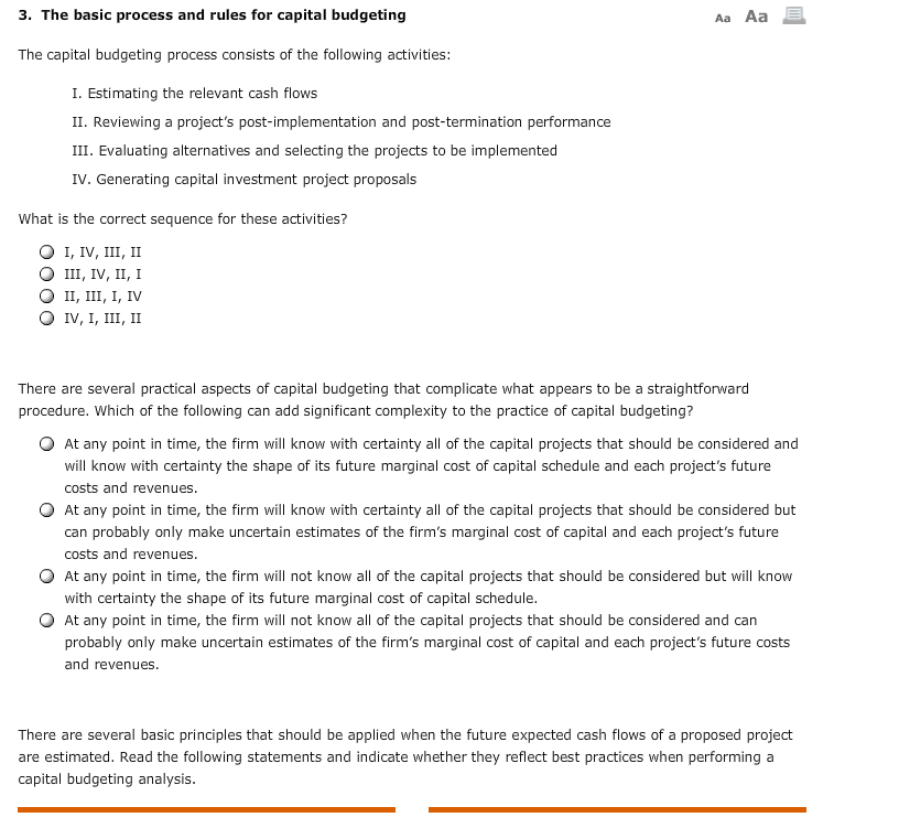 3. The basic process and rules for capital budgeting Aa Aa