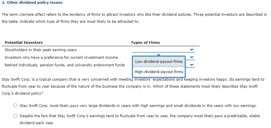 Other dividend policy issues The term clientele effect refers to the