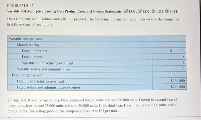  PROBLEM 8-17 Variable and Absorption Costing Unit Product Costs and Income
