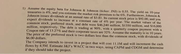  1) Assume the equity beta for Johnson & Johnson (ticker: JNJ)