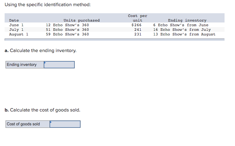  Using the specific identification method: Date June 1 July 1 August