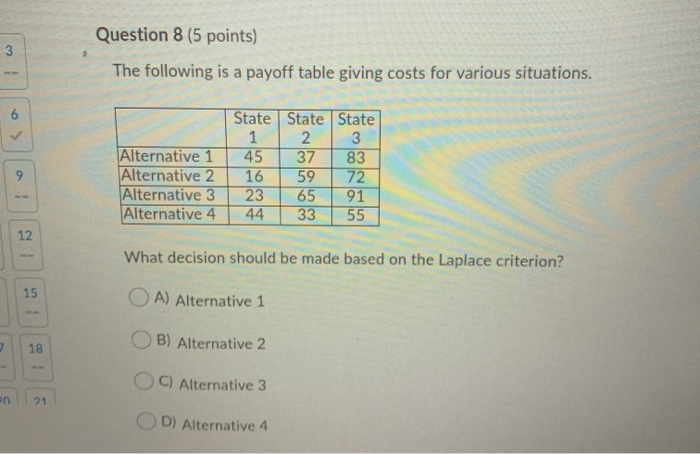  Question 8 (5 points) 3 The following is a payoff table
