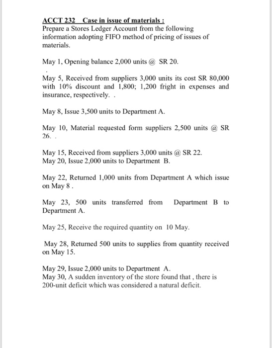  ACCT 232 Case in issue of materials : Prepare a Stores