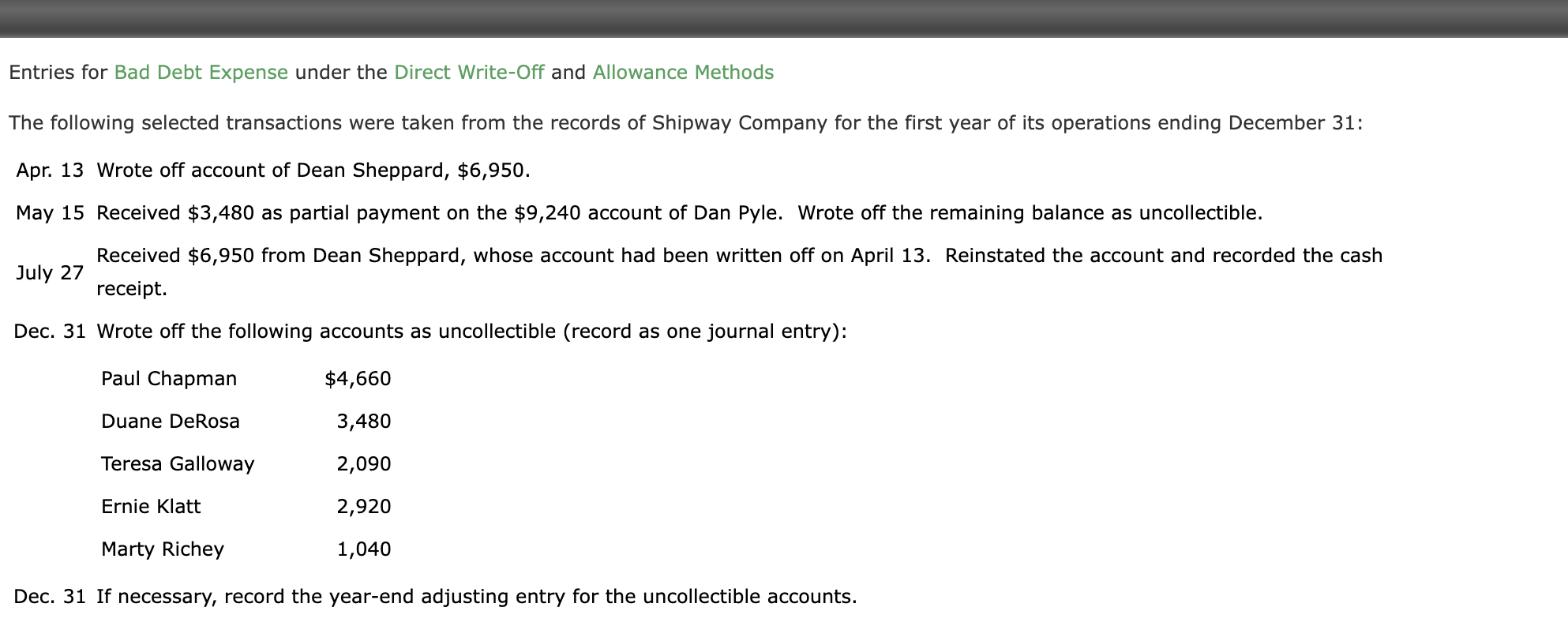 Entries for Bad Debt Expense under the Direct Write-Off and Allowance