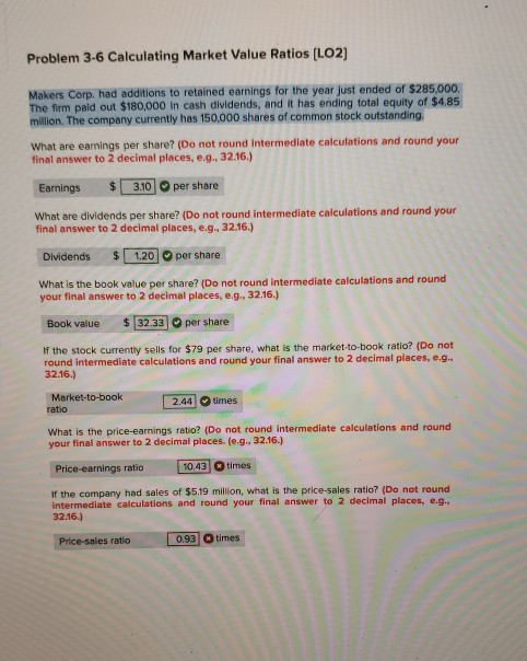  Problem 3-6 Calculating Market Value Ratios (LO2) Makers Corp. had additions