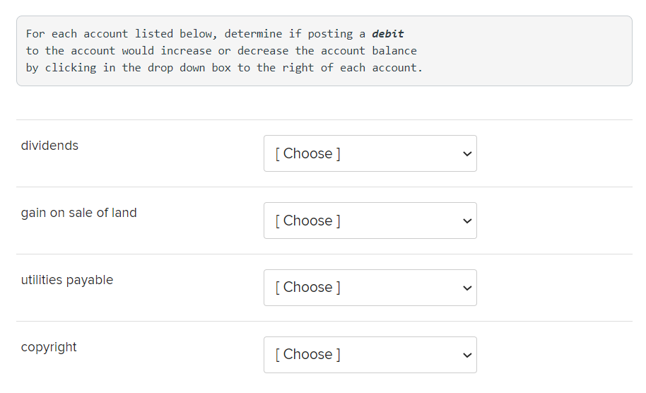  For each account listed below, determine if posting a debit to