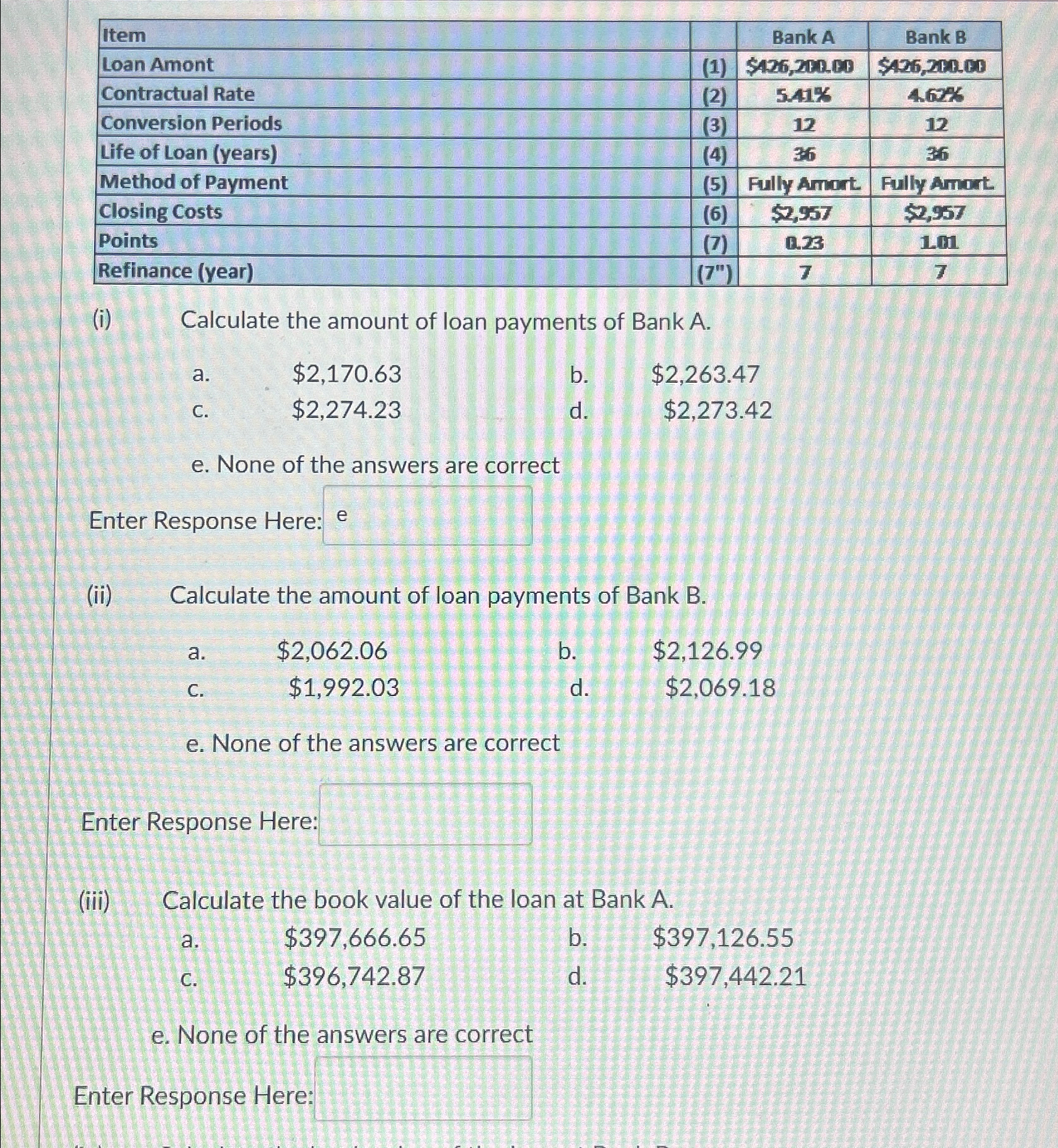  \table[[Item,,Bank A,Bank B],[Loan Amont,(1),SA26,2BA.BB,$426,21.C.CB],[Contractual Rate,(2),5.41%,46% 