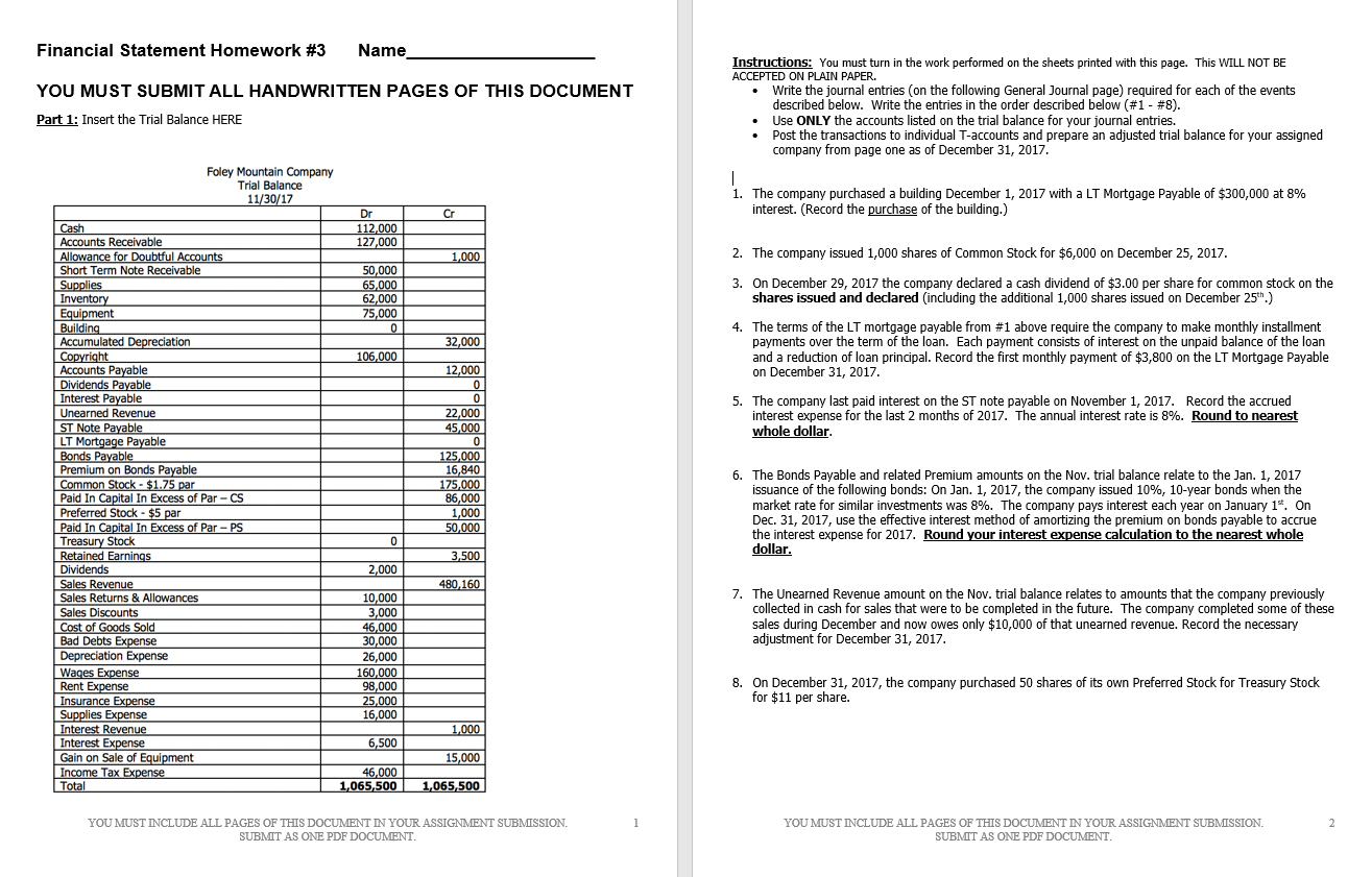  Financial Statement Homework #3 Name YOU MUST SUBMIT ALL HANDWRITTEN PAGES