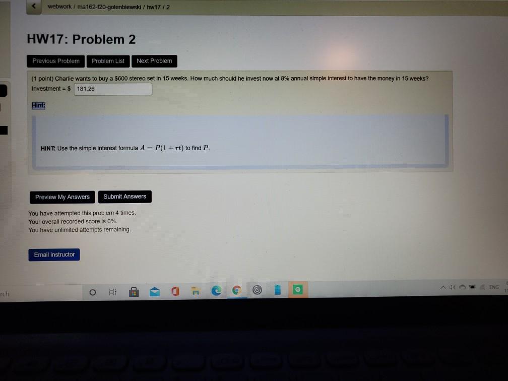HW17: Problem 2 Probiem Problem Lis! Next Prob!em (1 point) Chartie wants