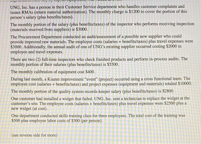 calculate the total cost of Quality for last month. Organize/categorize the individual