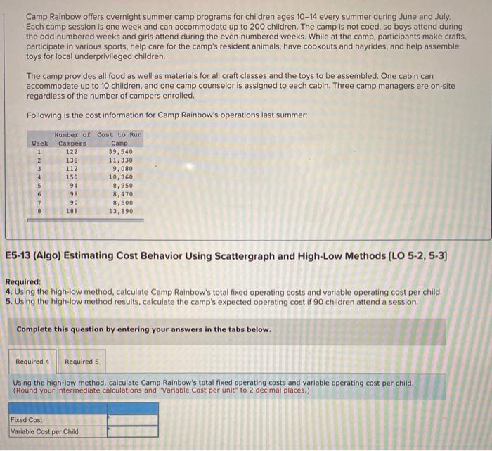  Camp Rainbow offers overnight summer camp programs for children ages 10-14